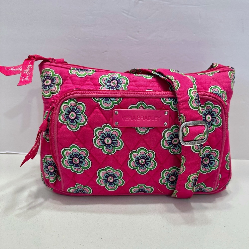 Vera Bradley Pink Floral Quilted Cotton Crossbody Bag Adjustable Strap Preppy